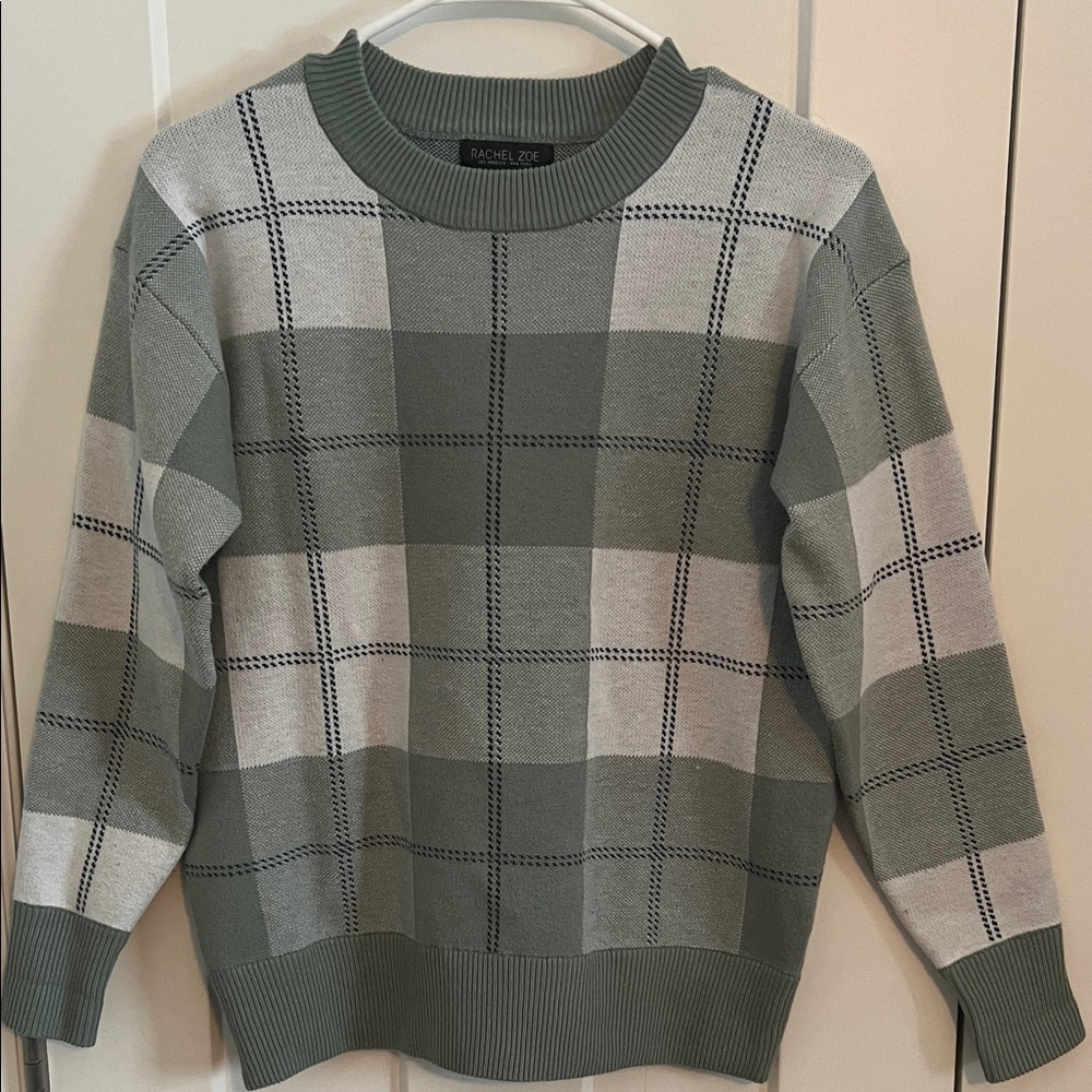 Rachel Zoe Sage and Cream Checkered Crewneck Sweater